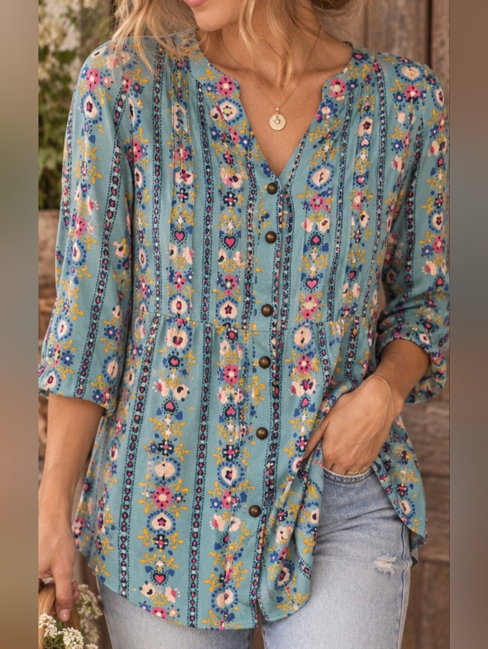 Matilda Jane Blue Floral Boho Button Front Tunic Blouse 3/4 Sleeve Size XS